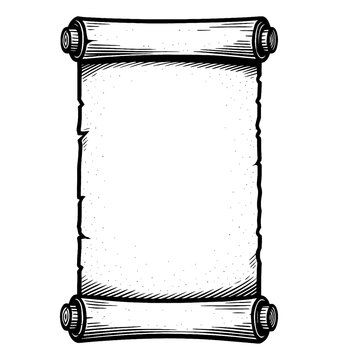 Vintage paper scroll with rough edges, black and white drawing illustration style