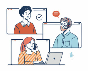 Create a bold vector illustration of diverse remote team members collaborating, emphasizing strong outlines and vibrant colors.