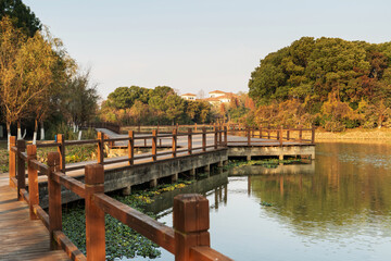 wooden floor and railings in the park
