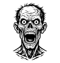Terrifying Black and White Zombie Head with Open Mouth Vector Illustration