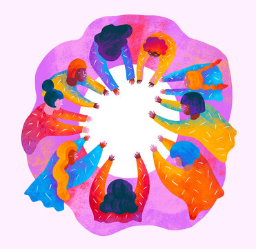 Gathering of diverse women in vibrant colors around a circle