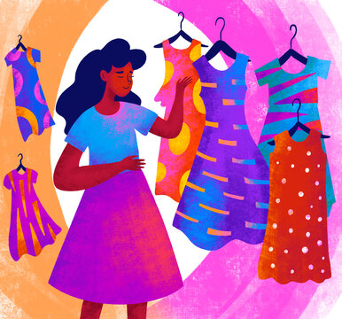 Choosing vibrant summer dresses in a colorful boutique