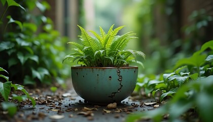 Fern Growing in a Turquoise Pot on a Lush Path Outdoors