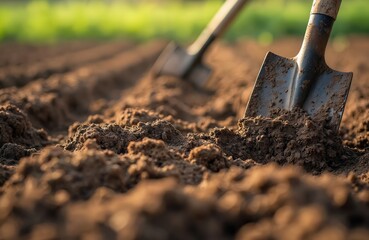 Spring farm work. Shovels preparing field for planting. Earth, brown soil. Farming agriculture concept. Gardening, eco-friendly, organic food production, gardening, rural landscape, sustainable
