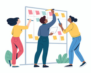 Create a bold vector illustration of three diverse people collaboratively working on a project, showcasing teamwork and synergy.