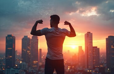 Strong man flexing arms against city skyline sunset. Young determined male showing muscles in urban area, goal achievement. Business, sport motivation, self-improvement, success, healthy lifestyle
