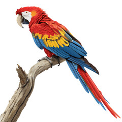 A vibrant macaw perched gracefully on a weathered branch showcasing its colorful plumage in vivid detail