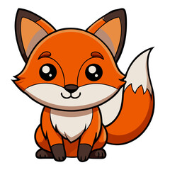 Illustration of a charming orange fox with a fluffy tail sitting down and looking forward with big eyes
