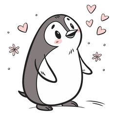 Illustration of a cartoon penguin surrounded by hearts and flowers on a white background view from below