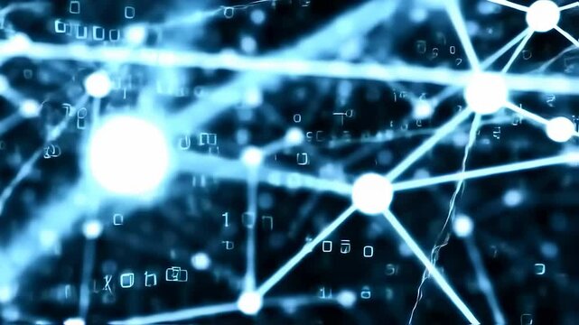 Dynamic visualization of an artificial intelligence neural network, black background with floating binary codes and data layers, ultra modern digital look