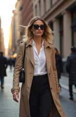 Obraz premium Stylish businesswoman walks city street. Blond woman in trench coat, sunglasses, white shirt and black trousers in New York. Modern outfit, business attire. Fashion editorial, lifestyle photo.