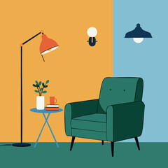 Modern green armchair with floor lamp and side table in colorful room vector illustration 