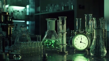 Time lapse in science laboratory with beakers, test tubes, and clock, showcasing experiments - Powered by Adobe