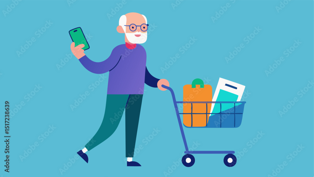 Poster bulk buying a joyful elderly man pushing a cart filled with small appliances using a shopping list a