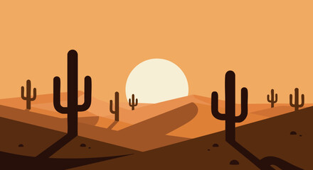 Desert landscape with cacti sunset scene in warm orange and brown tones vector illustration 