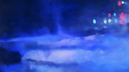 Fototapeta premium Moonlit canal with city lights reflected in water, abstract watercolor style, cool blue tones, impressionistic urban night scene