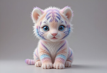 Adorable Fantasy White Tiger Cub with Blue and Pink Stripes Sitting
