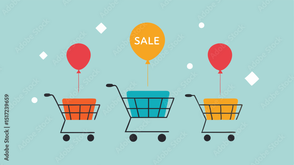 Poster carts and balloons several shopping carts with helium balloons tied to them floating upwards joyfull