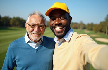 Happy diverse friends take selfie on golf course. African American man with senior friend smile together at sunny day. Elderly man and young man enjoy outdoor leisure activity.