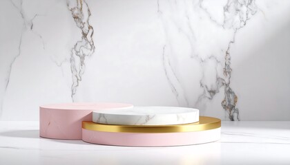 Empty pink and gold luxury marble podium with soft shadows,