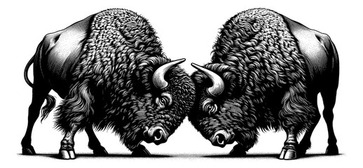 Two American Bison Facing Each Other in Detailed Black and White Engraving Style Illustration