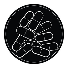 A simple black silhouette of medical pills, featuring capsules and tablets, symbolizing healthcare, medicine, and treatment in a clean, minimalistic style.
