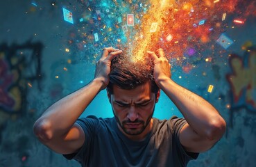 Digital art shows overwhelmed person with visual explosion from head. Technology overload impact, mental health, information stress. Conceptual artwork, modern colourful representation of