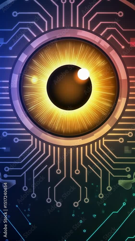 Poster human eye as a circuit board with digital lines on a dark background. artificial intelligence and ma