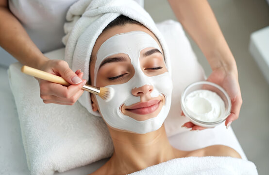 Woman enjoying facial treatment in beauty spa. Pro beautician applies white clay mask on young client face. Relaxation, skincare, beauty procedure, cosmetology, spa salon, wellness. Clean skin.
