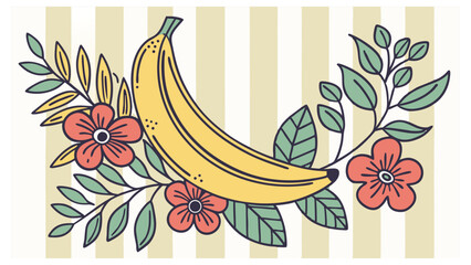 Hand-Drawn Mediterranean Banana Floral Stripe Vector Design.eps