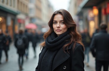 Fototapeta premium Portrait of beautiful brunette woman in coat, scarf. City street, people, urban background. Female person model, casual style. Fashion, beauty, style, lifestyle.