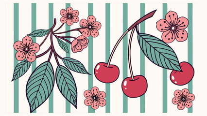Hand-Drawn CherryMediterranean Floral Stripe Vector Design.eps