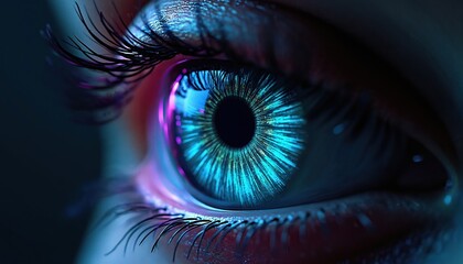 Close-up of abstract AI-generated eye with vibrant blue, green iris. Detailed human eye, sharp focus, with reflection, light. Artificial intelligence concept vision research, future, digital design.