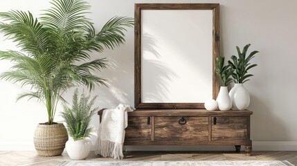 Interior design mock-up with plants and wooden furniture.
