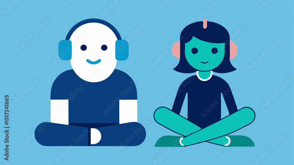 Poster ai listening companion an ai figure sitting next to a user with headphones both enjoying music toget