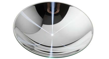 Reflective concave mirror with light streaks and distorted reflections on white background