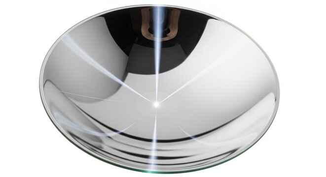 Reflective concave mirror with light streaks and distorted reflections on white background