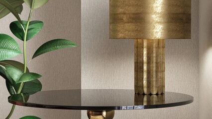 Round black glass top coffee podium table with gold lamp in sunlight on gray wallpaper wall with...