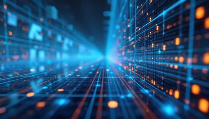 Abstract blue tech background with light effect. Lines grid design conveys digital network, data processing, internet connection concept. Futuristic 3d structure, tech innovation.