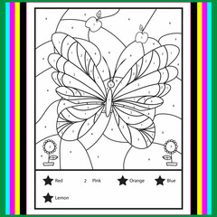 Color by numbers - addition and subtraction worksheet for education. Coloring book. Solve examples and paint butterfly in sky. Math exercises worksheet. Developing counting learn. Print for kids