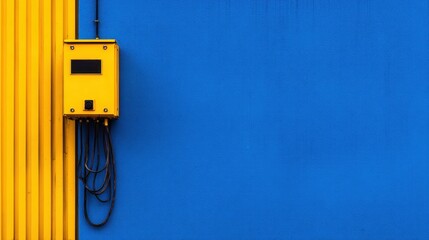 Bright yellow control box mounted on a vibrant blue wall, showcasing industrial design elements