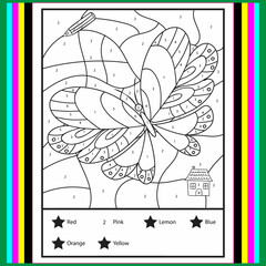 Color by numbers - addition and subtraction worksheet for education. Coloring book. Solve examples and paint butterfly in sky. Math exercises worksheet. Developing counting learn. Print for kids