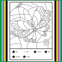 Color by numbers - addition and subtraction worksheet for education. Coloring book. Solve examples and paint butterfly in sky. Math exercises worksheet. Developing counting learn. Print for kids