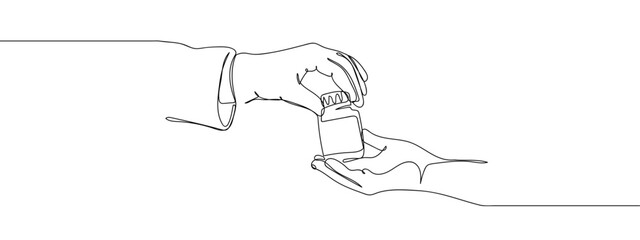 Continuous line. Doctor's hand holding a bottle of medicine. line art vector Edit Stroke.