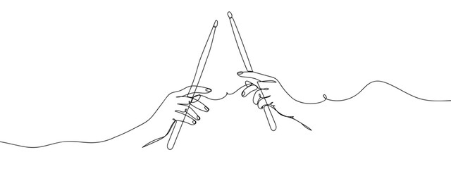 Continuous line, two hands holding drumsticks, drumming, playing music. line art vector Edit Stroke.