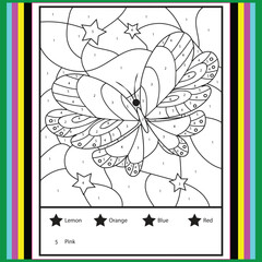 Color by numbers - addition and subtraction worksheet for education. Coloring book. Solve examples and paint butterfly in sky. Math exercises worksheet. Developing counting learn. Print for kids
