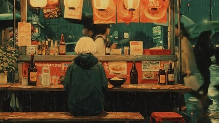 Animestyle ramen stall at night woman sits as it rains lanterns signs and bottles line the counter - Powered by Adobe