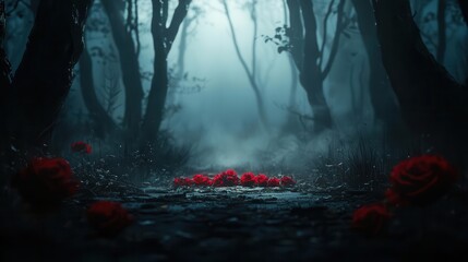 Fototapeta premium Whimsical scene of sweetheart and bouquet of glowing red roses in a misty enchanted forest