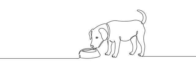 Continuous line, puppy and dog food bowl line art vector Edit Stroke.
