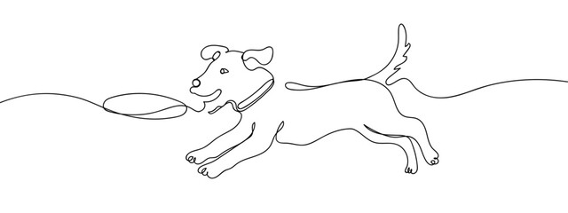 Continuous line, a dog is jumping and holding a flying disc. line art vector Edit Stroke.